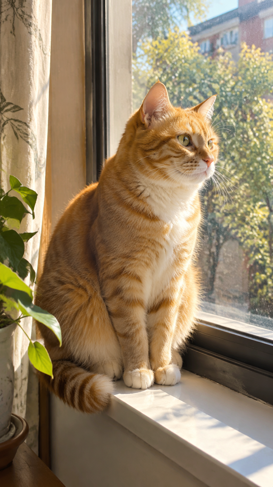 一只橘猫坐在窗台上，...
