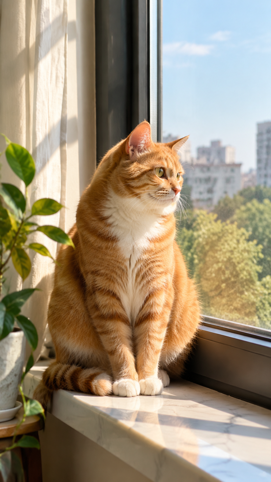 一只橘猫坐在窗台上，...