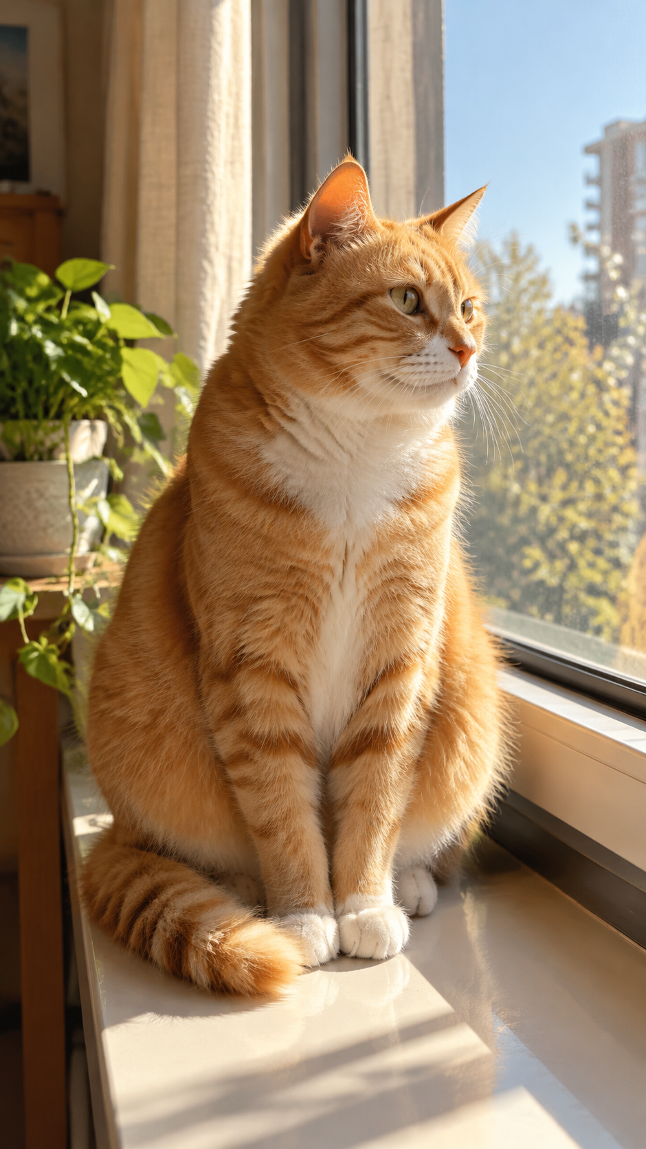 一只橘猫坐在窗台上，...