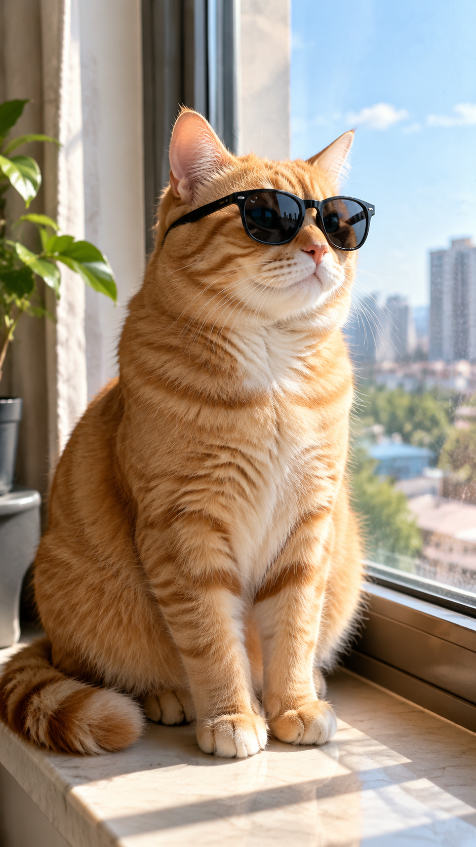 一只戴墨镜的橘猫坐在...