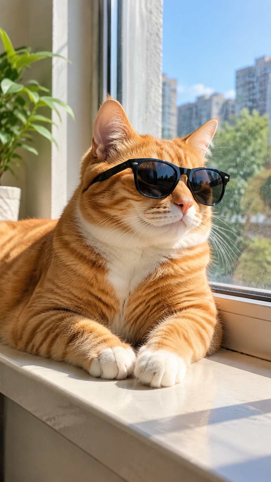 一只戴墨镜的橘猫坐在...